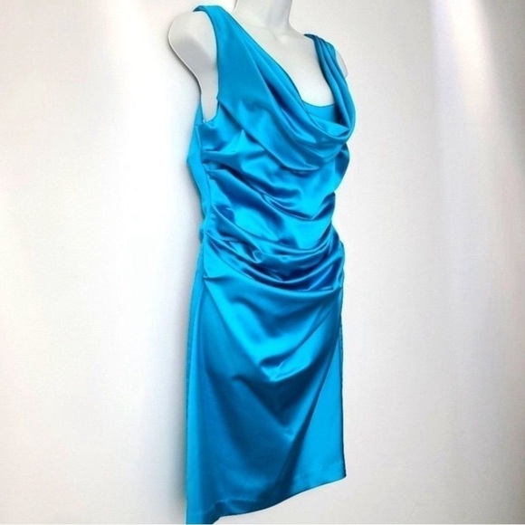 David’s Bridal Malibu Blue Satin Ruched Draped Neck Dress Size 8 - Picture 3 of 11